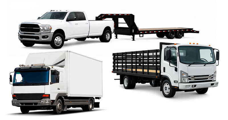Fleet group photo of pickup with gooseneck trailer, boxtruck and stakebed truck